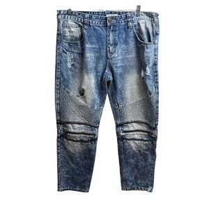 Smoke Rise | Mens Jeans 40x32 | Blue Acid Wash Distress Moto Zipper‎ Biker Denim